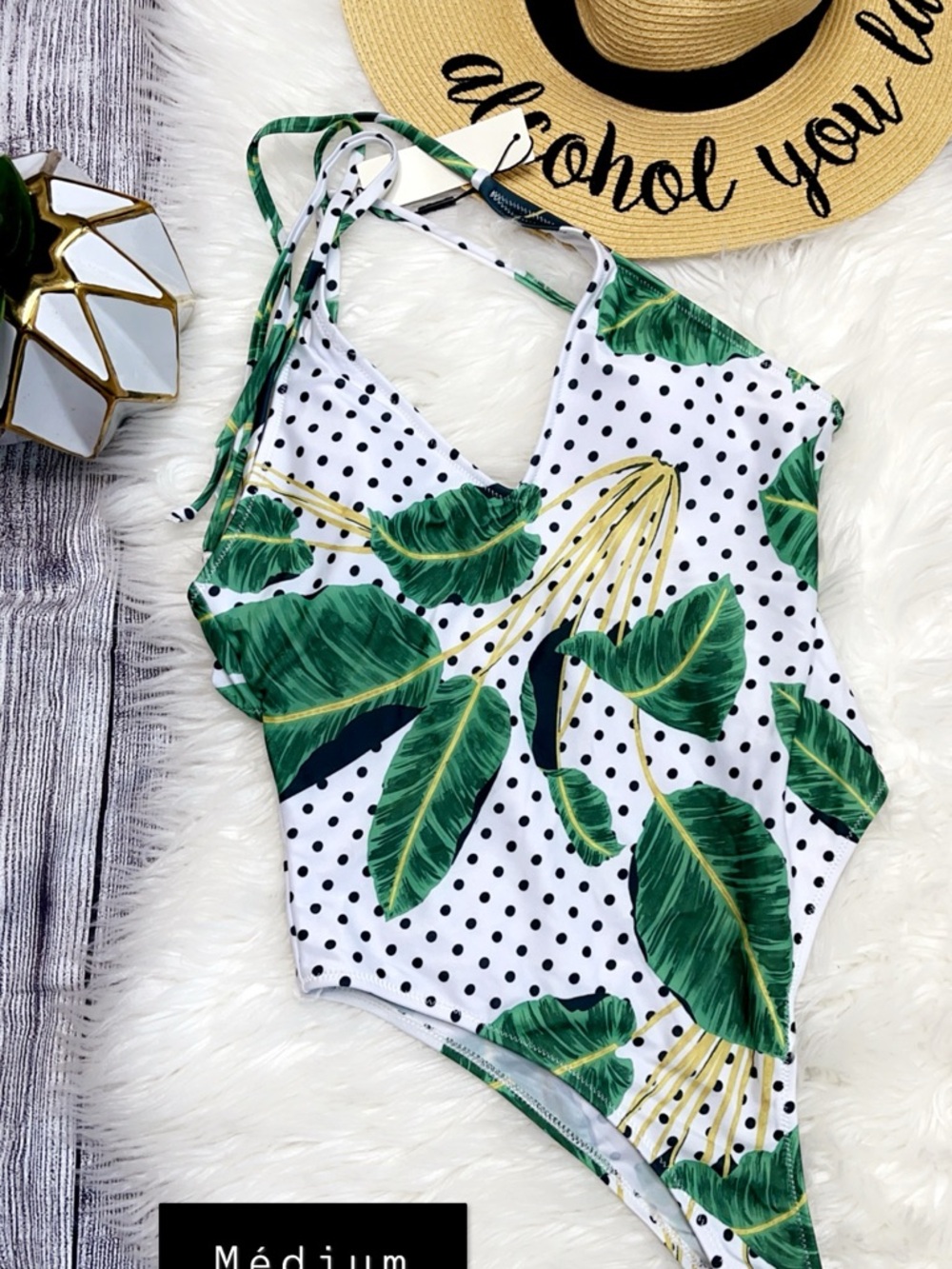 Tropical Green Leaf Polka Dot One-Piece Swimsuit